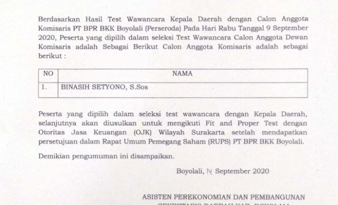 Hasil Seleksi Ujian Test Wawancara Calon Anggota Komisaris PT BPR BKK BOYOLALI ( PERSERODA )